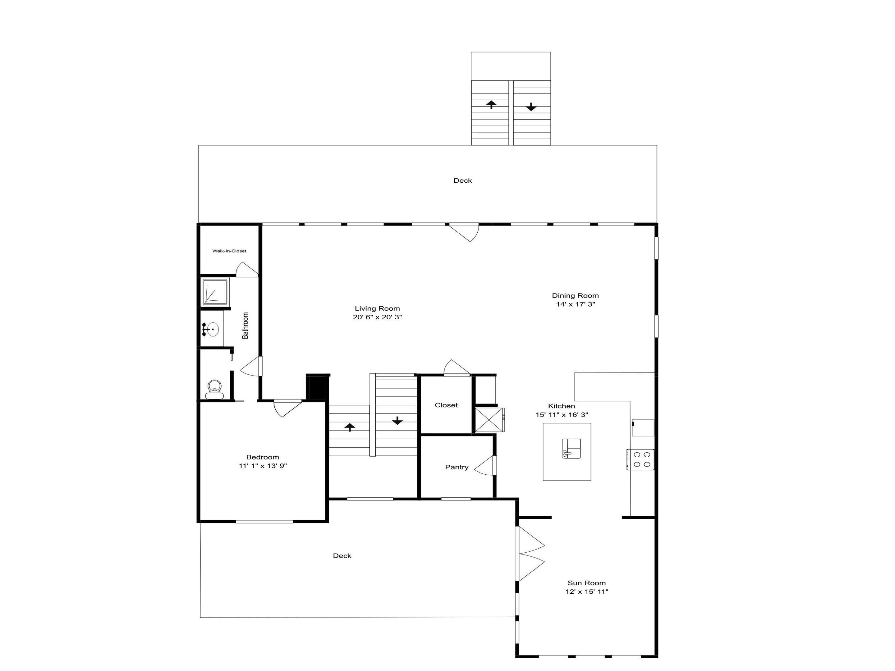 A floor plan with a living room, dining room, kitchen, bathroom, bedroom, closet, and sun room.
