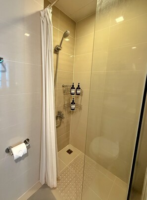 Hair dryer, towels, soap, shampoo