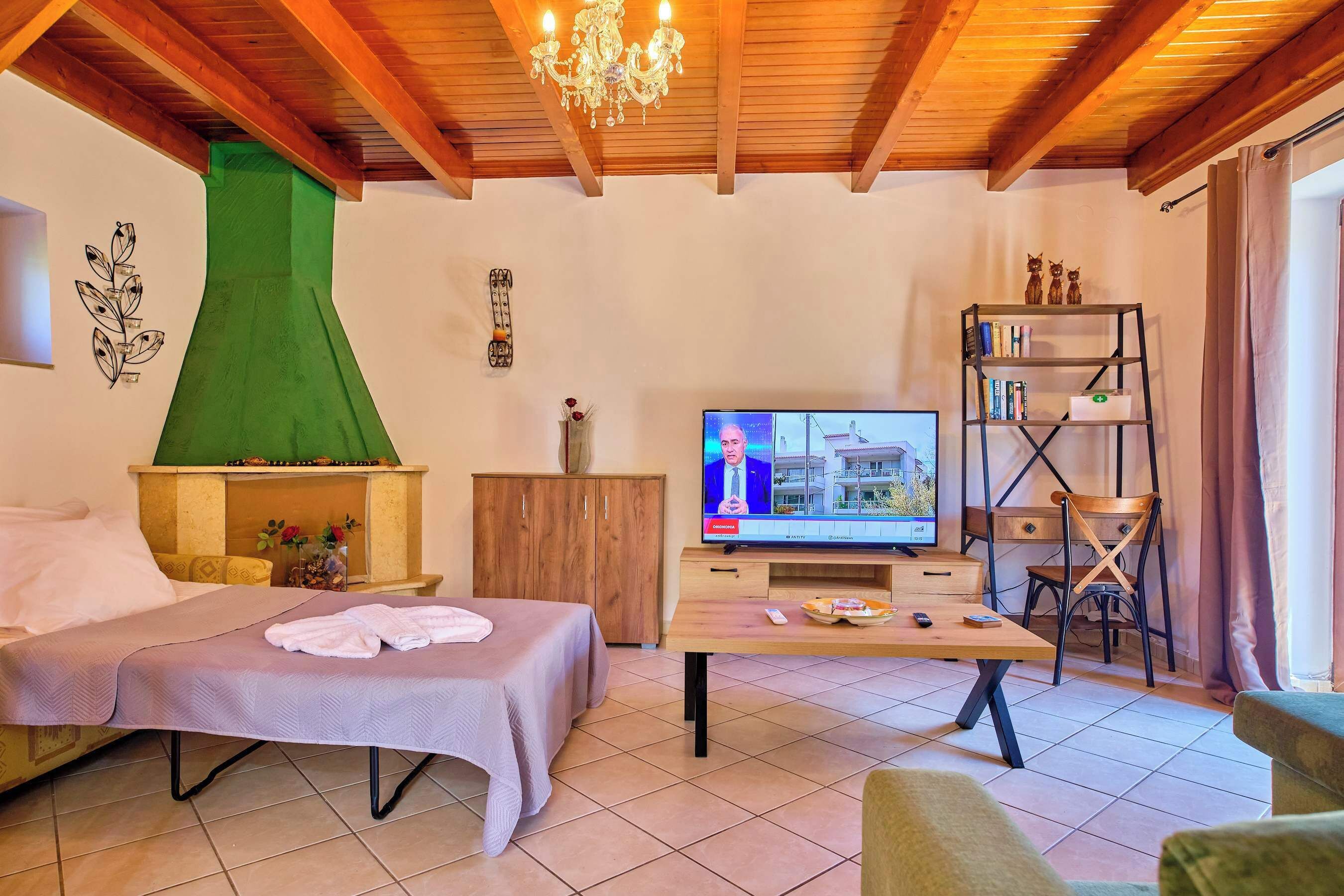A cozy living room with a bed, a TV, a bookshelf, and a green decorative element on the wall.