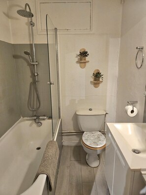 Hair dryer, towels, soap, toilet paper