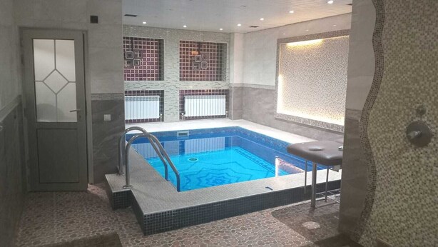 A swimming pool with a tiled deck, a glass door, and a tiled wall with a mosaic pattern. - Ak zhol (Almaty)