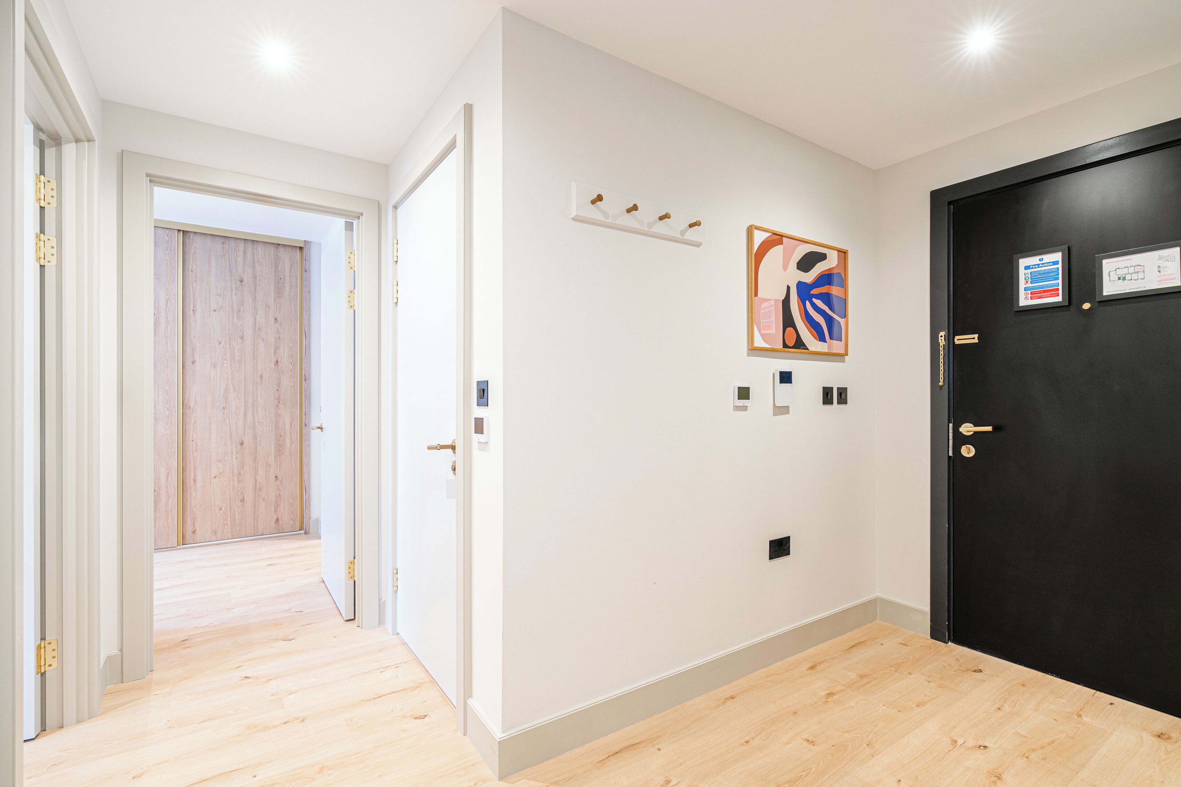 A hallway with a wooden floor, white walls, and a black door. There are wall-mounted light switches and a framed abstract artwork.