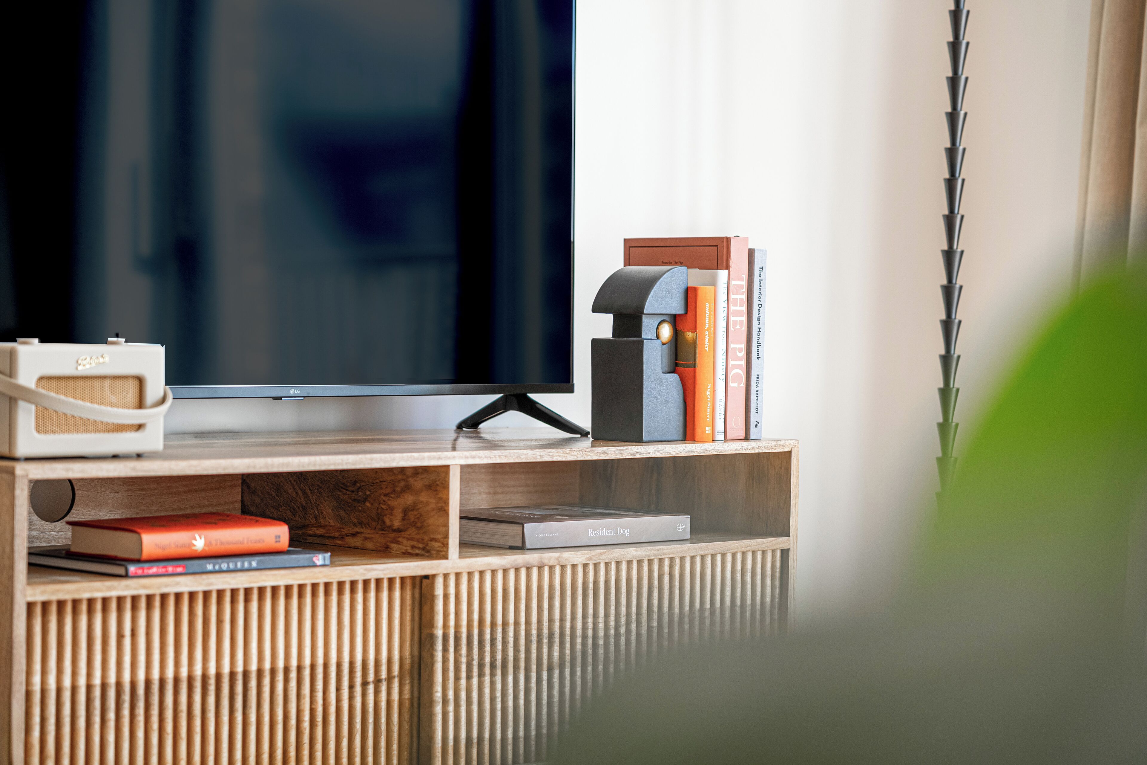 Ein Flachbildfernseher auf einem Holz-TV-Möbel mit Lautsprecher und Büchern.