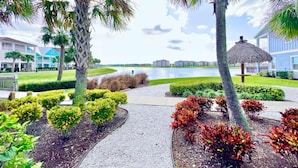 A landscaped area with palm trees, a pathway, and a view of a body of water and buildings in the background.
