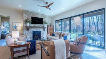 Smart TV, fireplace, books, stereo