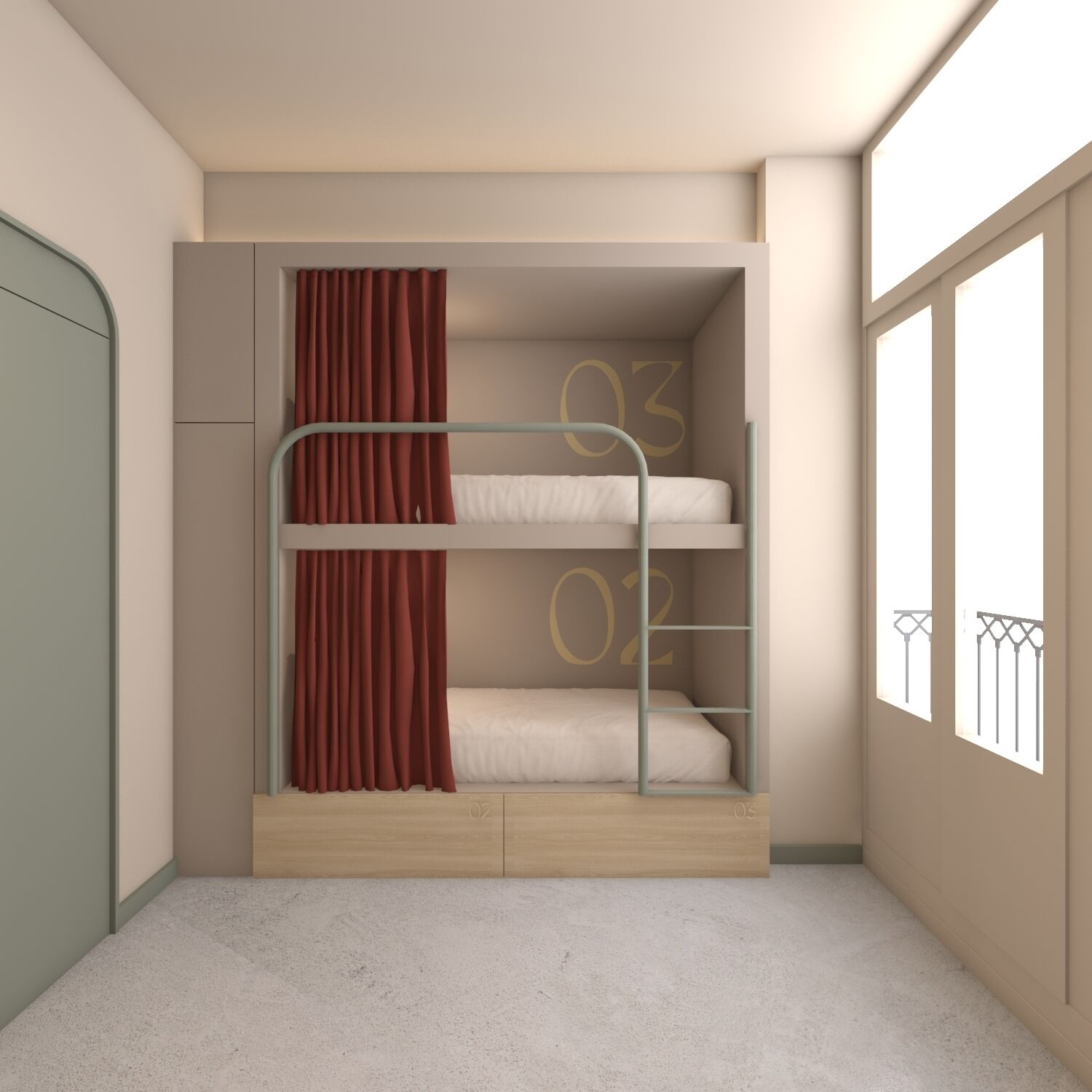 A bunk bed with a curtain, a wardrobe, and a window with a view.