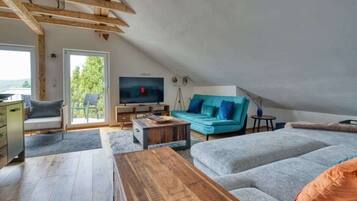 Televisio, takka, työhuone