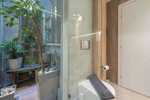 Ein modernes Badezimmer mit Duschkabine aus Glas, Holztür und einer kleinen Topfpflanze.