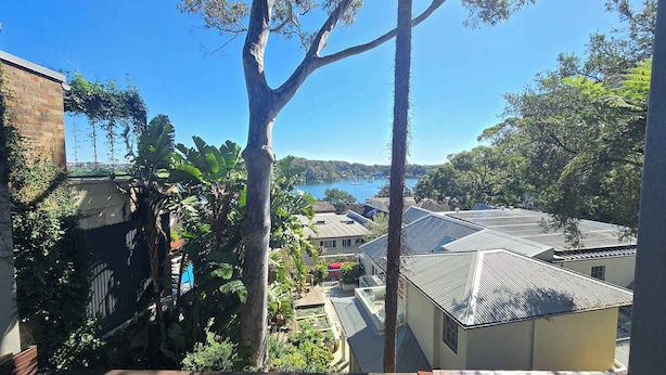 Zona residencial con vista a un lago y barcos. Se observan casas con paneles solares y un árbol grande en primer plano.
