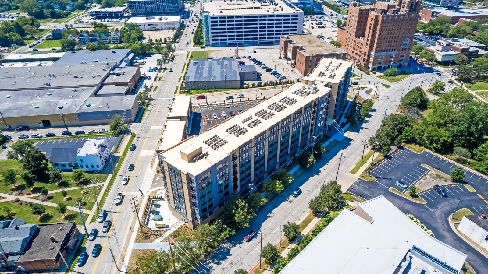 Aerial view of the apartment building in Cleveland’s Fairfax neighborhood.