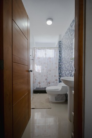 Hair dryer, towels, toilet paper