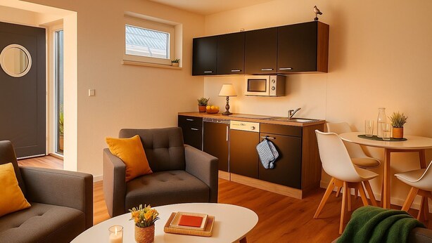 Un espace de vie compact comprenant un canapé, une table à manger, un coin cuisine avec un four à micro-ondes et une petite fenêtre.