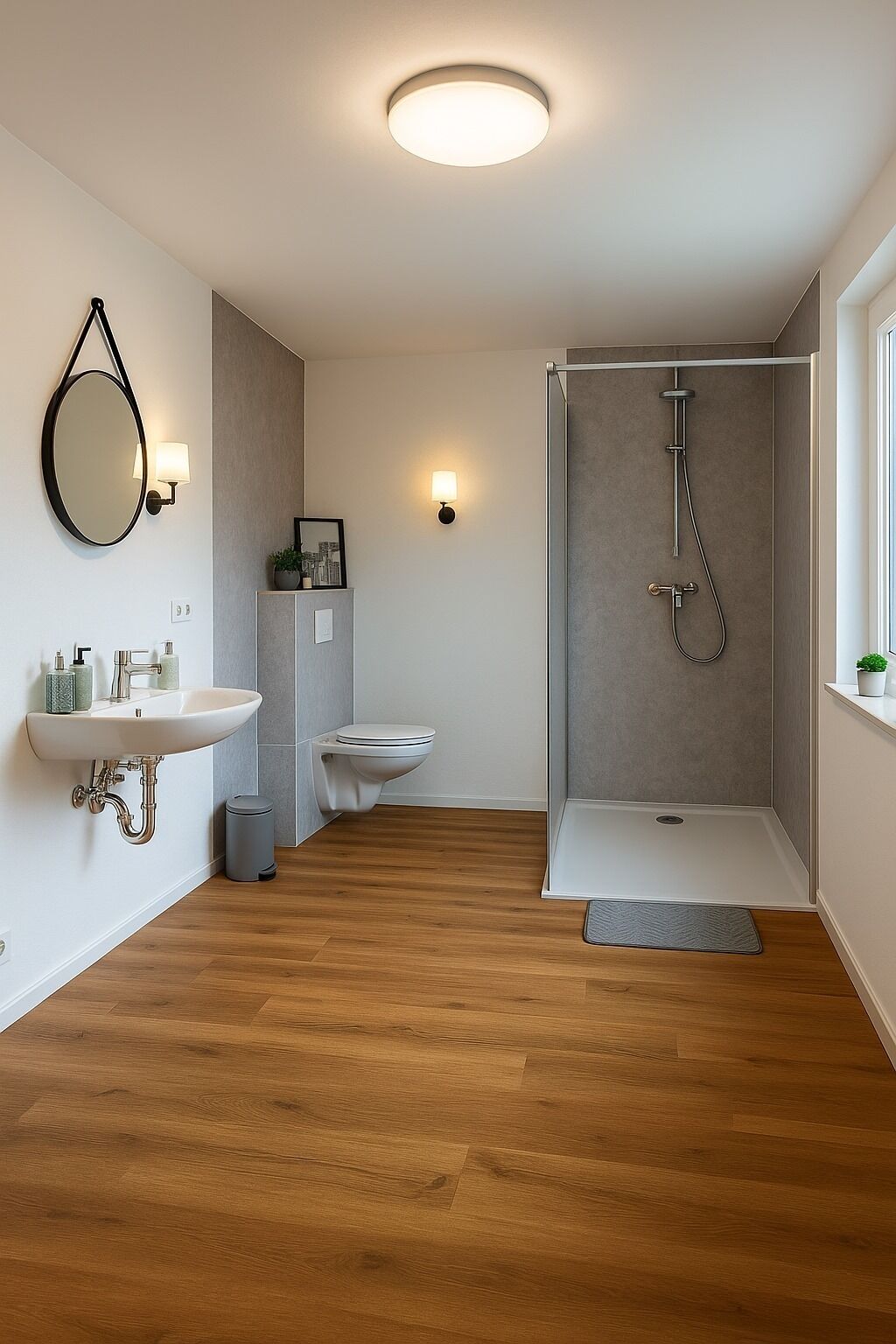 Ein modernes Badezimmer mit Holzboden, einem weißen Waschbecken, einer Toilette, einer Duschkabine mit Glastür und einem Spiegel mit Beleuchtung.