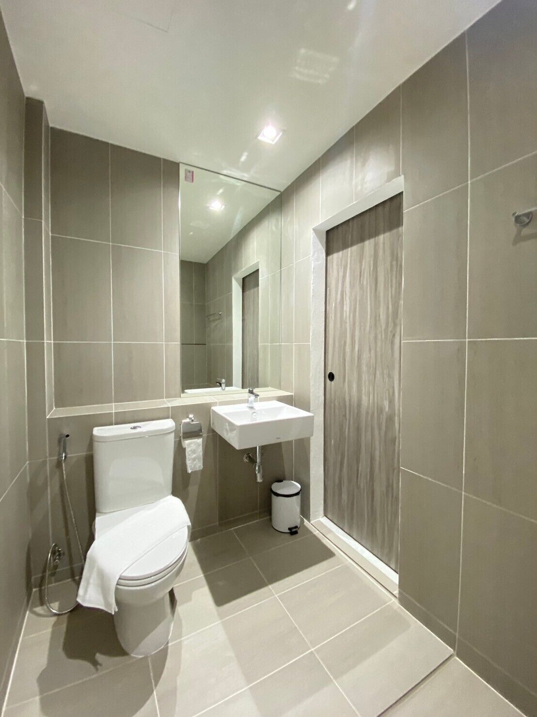 Un baño moderno con inodoro, lavabo y ducha.