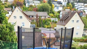 Een trampoline in een achtertuin met een stenen rand, omringd door gras en een hek.