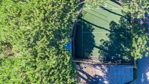 Oversigtsbillede af en tennisbane omgivet af tæt grøn bevoksning.