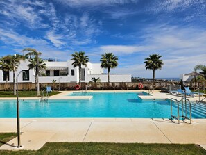 A swimming pool with clear blue water, surrounded by palm trees and a wooden fence.