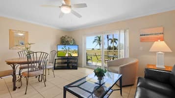 TV, DVD player, ping pong, books