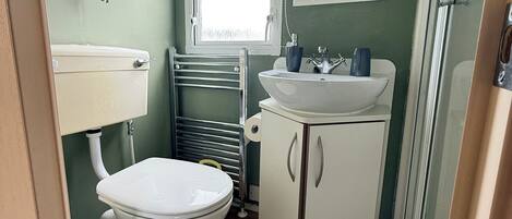 A compact bathroom with a toilet, sink, and cabinet, featuring a window and a hanging plant.