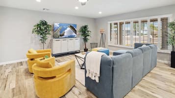 TV, fireplace, books, offices