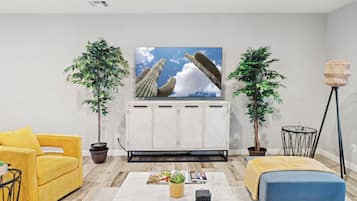 TV, fireplace, books, offices