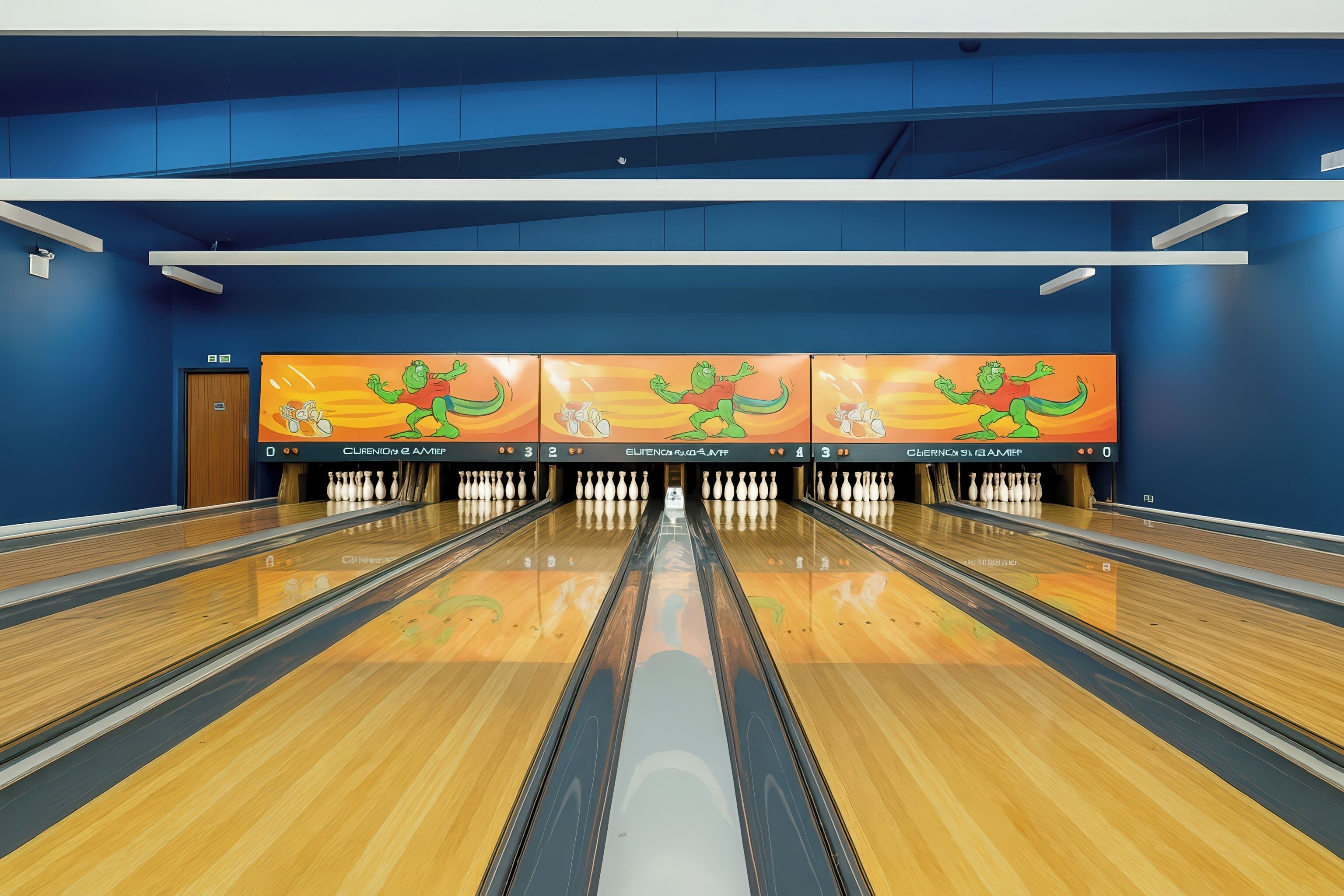 A bowling alley with multiple lanes, a wooden floor, and a blue wall with cartoon characters.