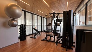 A gym with exercise equipment, large windows, and wooden flooring. - Ibirapuera Park (São Paulo)