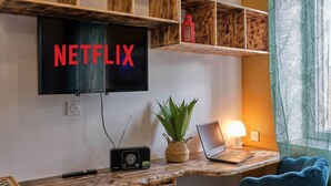 A room with a TV mounted on the wall displaying 'NETFLIX', a wooden desk with a laptop, a plant, and a radio. - Comfortable & bright studio - Air conditioning - Centre (Carcassonne)
