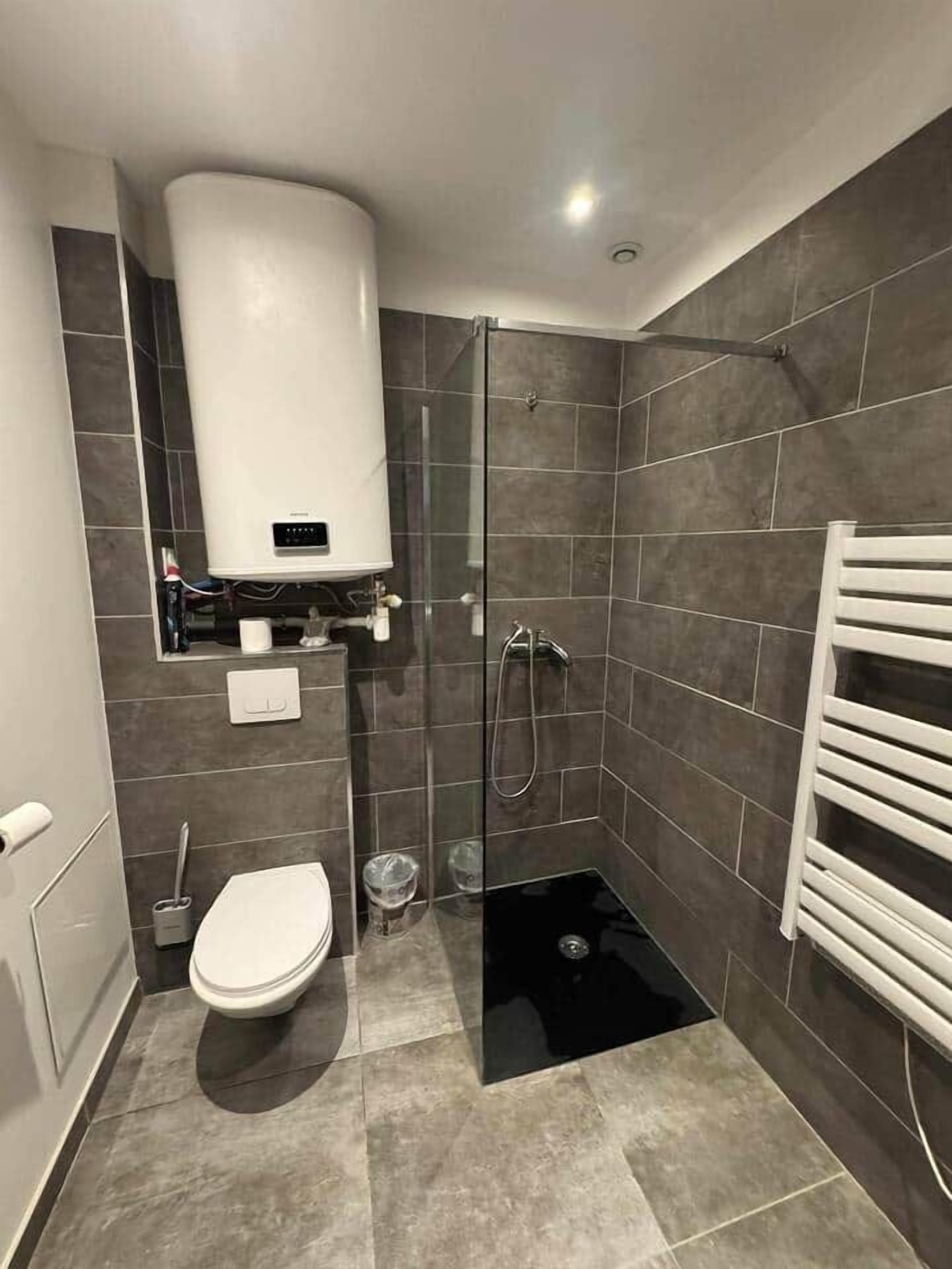 Hair dryer, towels, soap, shampoo