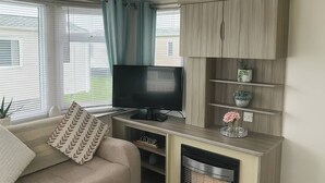 Een woonkamer met een televisie, bank en een open haard. Er zijn ramen met gordijnen, een plant en een plank met decoratieve spullen.
