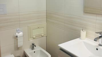 Shower, hair dryer, bidet, towels