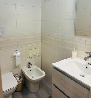 Chuveiro, secador de cabelo, bidê, toalhas de banho