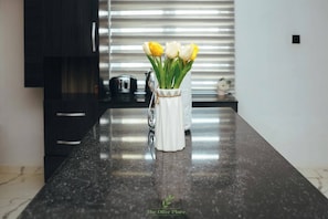 Apartament Deluxe, balcó, vistes a la ciutat | Cuina privada | Frigorífic, microones, forn i placa de cuina