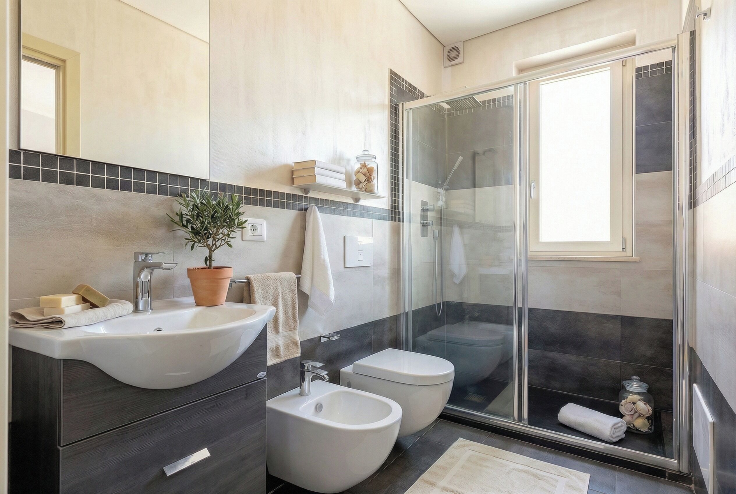 A modern bathroom with a large sink, bidet, and glass-enclosed shower.