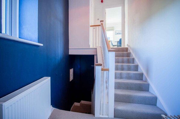 A staircase with a white handrail and beige carpet, leading to a room with a white door and a view of an outdoor area. - The Nook North Beach - 1 Bedroom Apartment - Tenby (Tenby)