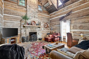 TV, fireplace, books, stereo