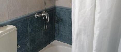 Un baño con bañera, ducha e inodoro.