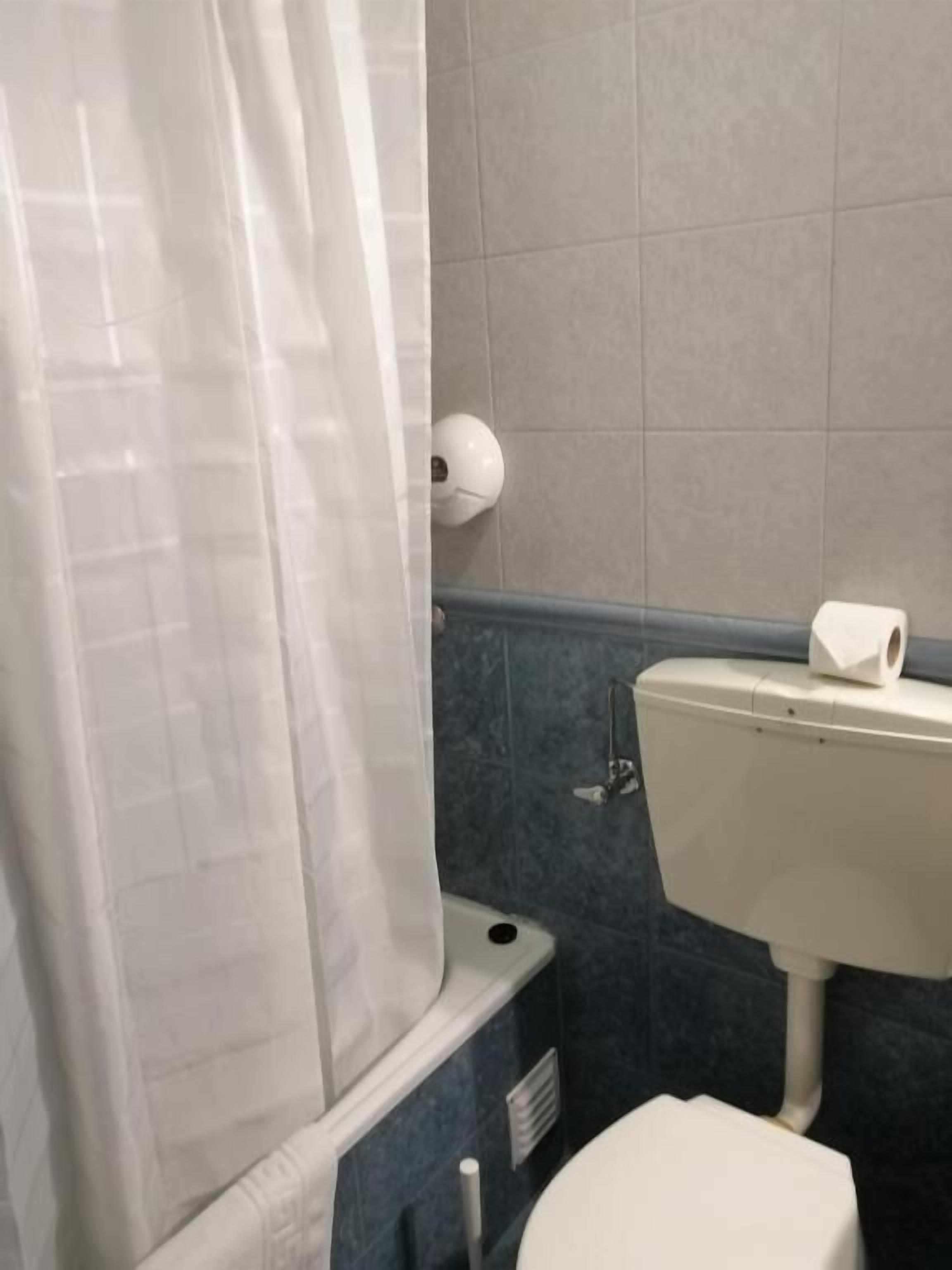 Une salle de bain avec des toilettes, un lavabo et un rideau de douche.