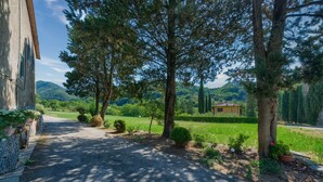 A gravel driveway leading to a building with a stone facade, surrounded by trees and a green field. - Holiday Home 'L'aia Dì Trippa All'Aria Mugello' with Private Garden and Wi-Fi (Borgo san Lorenzo)