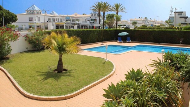 Zona de piscina con una palmera, un área de descanso techada y un edificio con tiendas al fondo.