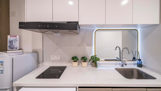 A modern kitchen with white cabinets, a built-in oven, a stainless steel sink, and a small countertop with potted plants. - Book and Bed-QuYang Road (Shanghai)