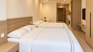 A hotel room with two beds, a bedside table, a small table with a plant, a TV, and a wardrobe.