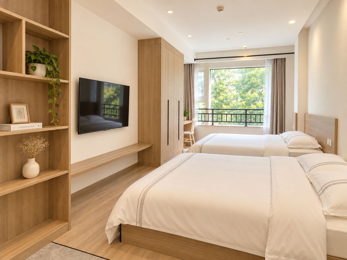 A modern bedroom with two beds, a TV, wooden shelving, and a balcony with a view.