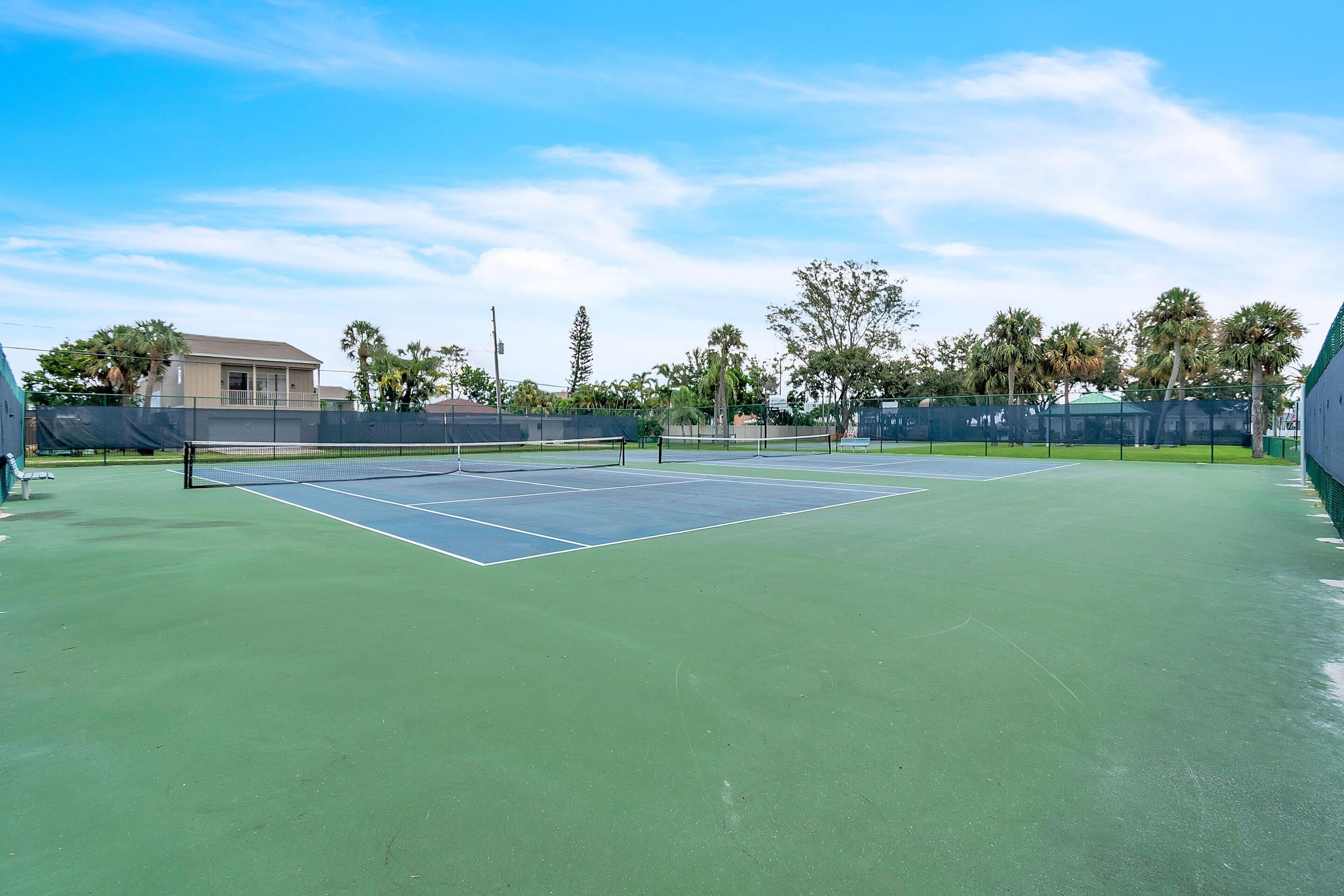 A tennis court with a net, surrounded by a green fence, palm trees, and a building in the background.