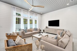 TV, fireplace, table football, ping pong