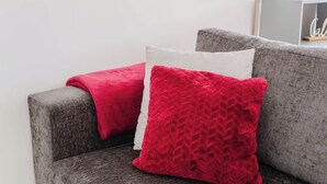 Un canapé gris avec deux coussins, un blanc et un rouge.