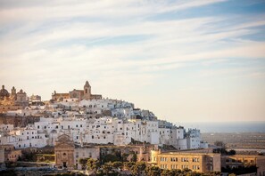 A historic town with white buildings, a prominent church, and a castle-like structure on a hill.