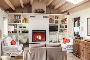 Smart TV, chimenea, reproductor de DVD y estéreo