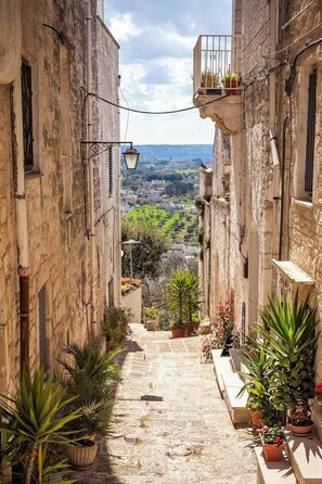 A narrow stone pathway flanked by buildings with balconies, leading to a scenic view.