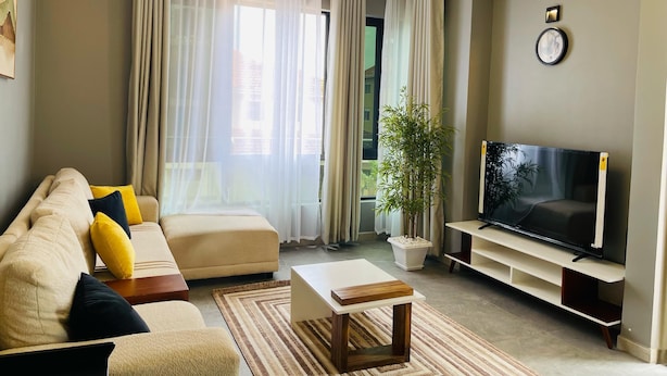 Un salon avec un canapé, une télévision et une plante.